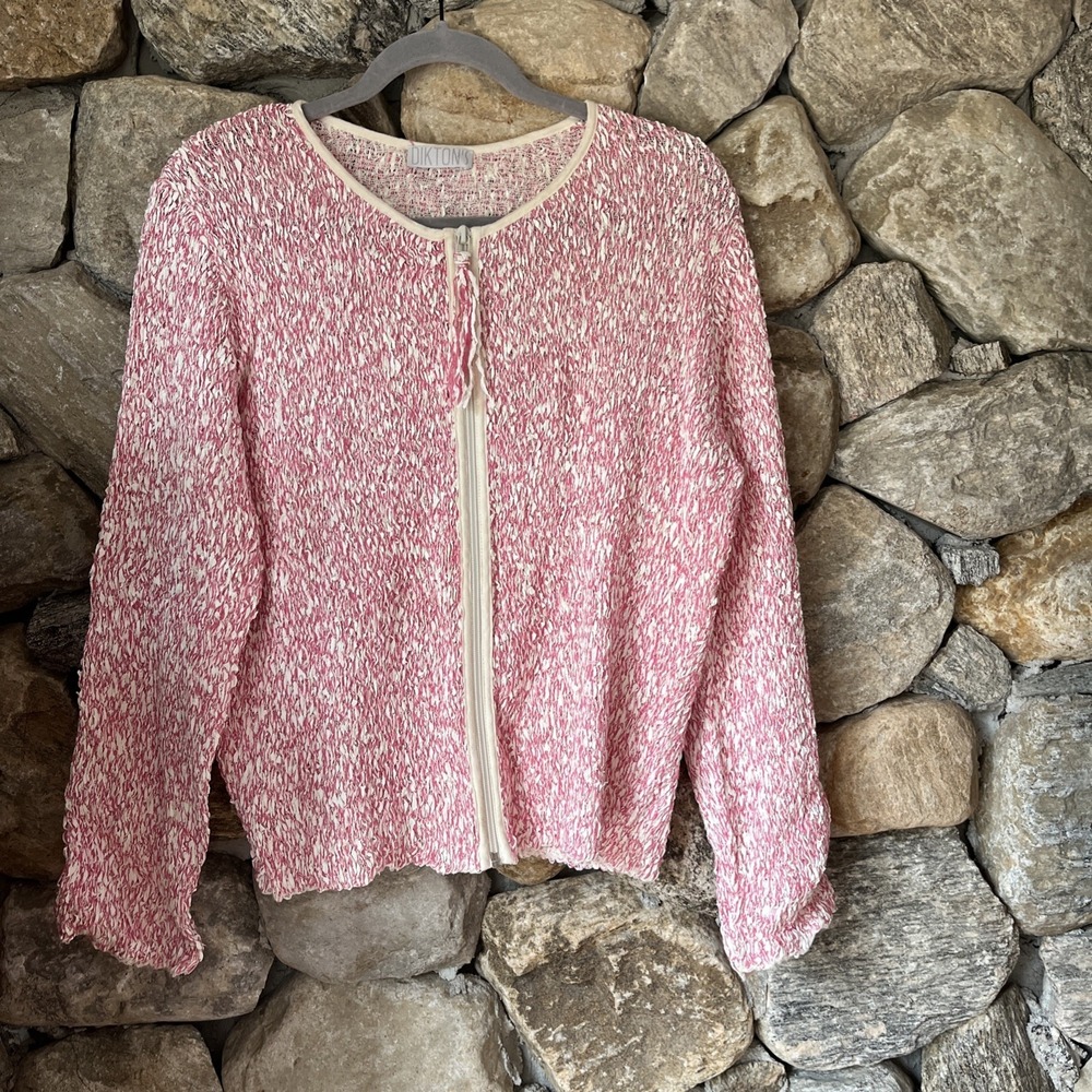 Dikton's Women's Sweater Jacket Berry Pink White with Fringe Zipperβ